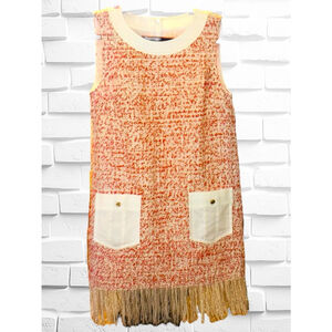 YINER Women’s U.S. Small Orange White & Gold Sleeveless Dress • Tassle Hem EUC